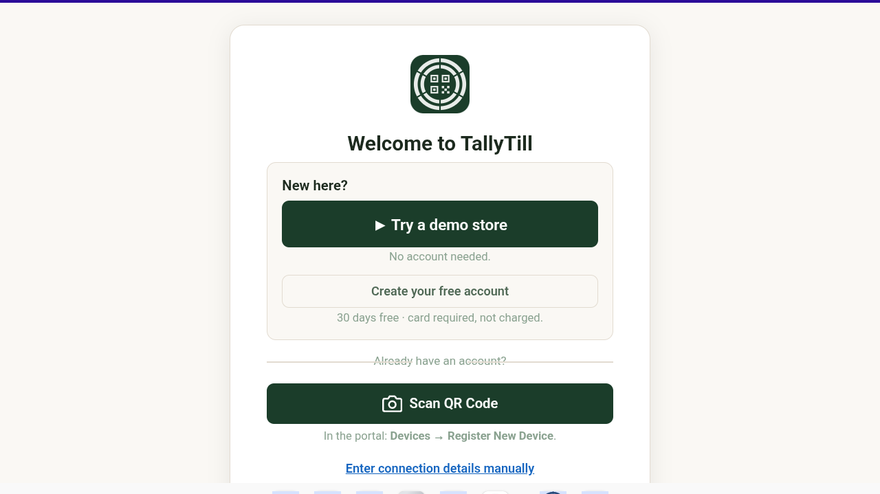 TallyTill welcome screen with the green “Try a demo store” button