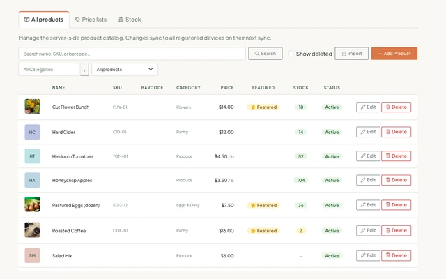 The portal's Products list: each product with its photo or initials, SKU, category, price, stock and status, and Import and Add Product buttons