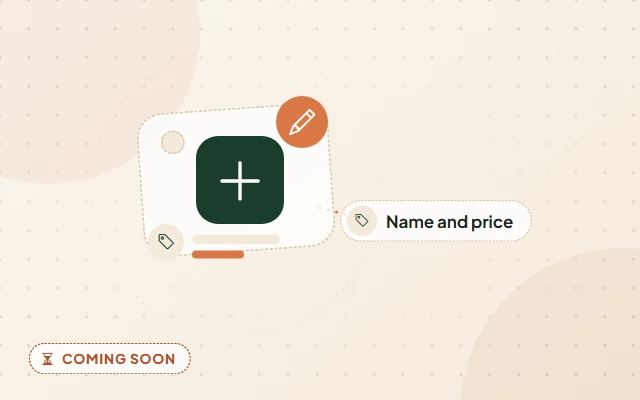 Illustration of a planned feature: an empty price tag with a plus sign and a pencil, labelled Name and price