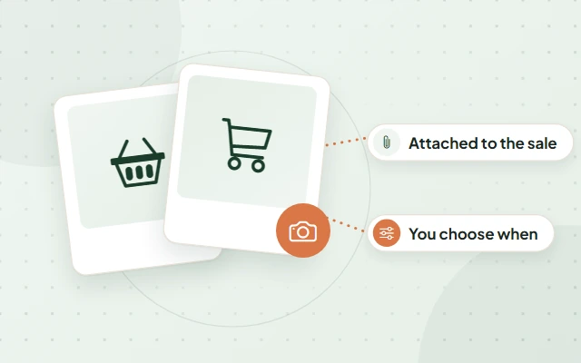 Illustration: two instant-photo frames beside a camera, with labels reading Attached to the sale and You choose when