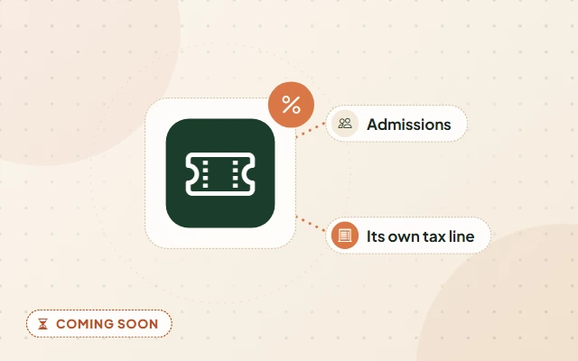 Illustration of a planned feature: a ticket with a percent badge, labelled Admissions and Its own tax line