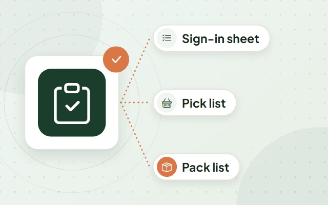 Illustration: a clipboard on a tile, with labels reading Sign-in sheet, Pick list and Pack list