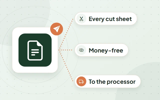 Illustration: a document with a paper-plane badge on a tile, and labels reading Every cut sheet, Money-free and To the processor
