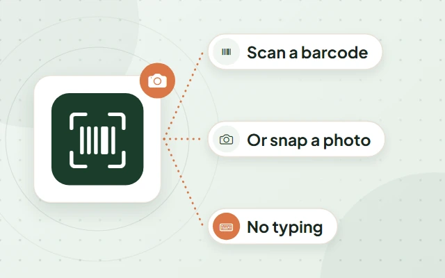 Illustration: a barcode on a tile with a camera badge, and labels reading Scan a barcode, Or snap a photo and No typing