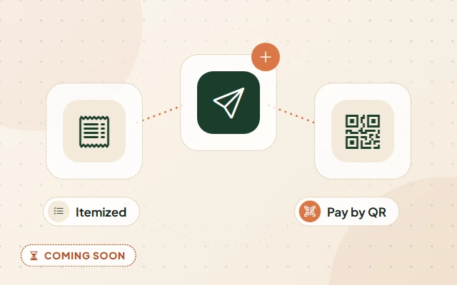Illustration of a planned feature: a receipt, a paper plane and a QR code in a row, labelled Itemized and Pay by QR