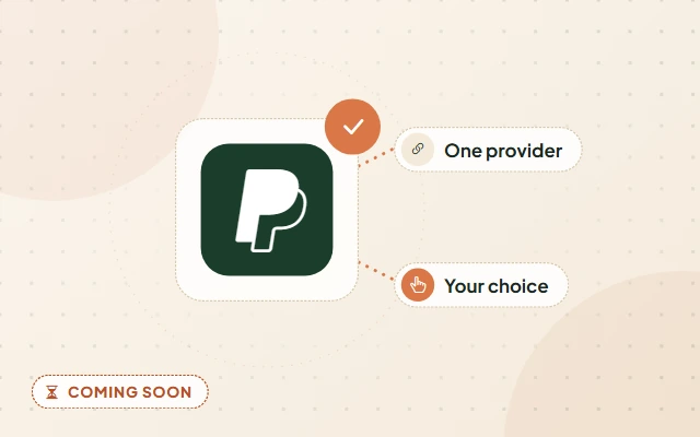 Illustration of a planned feature: a PayPal symbol on a tile, labelled One provider and Your choice