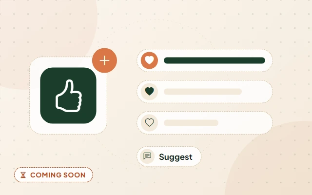 Illustration of a planned feature: a thumbs-up on a tile beside three ranked rows of hearts and bars, with a single label reading Suggest
