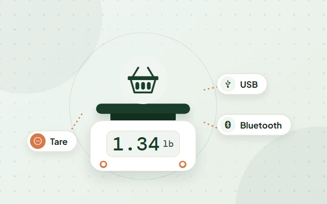 Illustration: a kitchen scale with a basket on its pan, with labels reading USB, Bluetooth and Tare