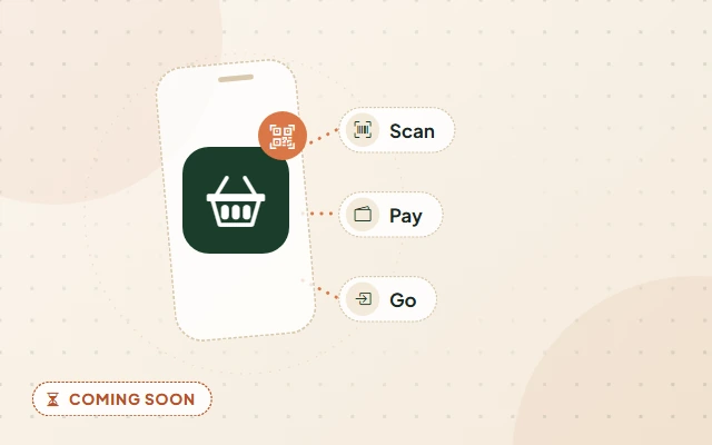 Illustration of a planned feature: an outlined phone with a basket icon, and three steps labelled Scan, Pay and Go
