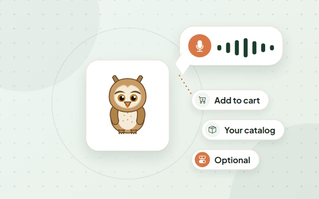 Illustration: Tally the owl mascot beside a speech bubble with a microphone and sound waves, and labels reading Add to cart, Your catalog and Optional