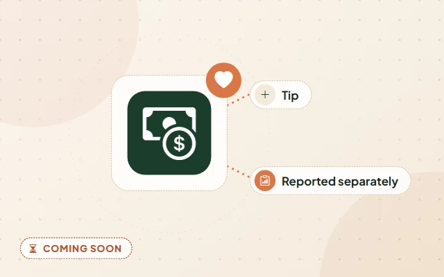 Illustration of a planned feature: a banknote and a coin with a heart badge on a tile, with labels reading Tip and Reported separately