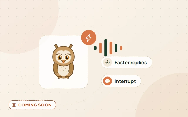 Illustration of a planned feature: Tally the owl with sound waves and a lightning bolt, labelled Faster replies and Interrupt