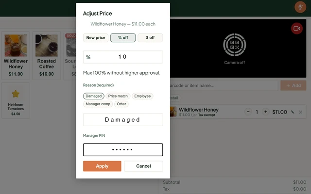 The till's Adjust Price dialog: a percent off, a reason picked from a short list, and a Manager PIN field to fill in before Apply, over the dimmed product grid