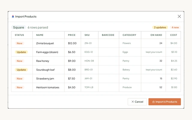 The portal's Import Products dialog previewing a Square export: six rows each marked New or Update, with price, SKU, category, on-hand count and cost, and an Import 6 Products button