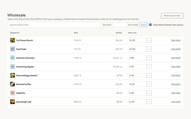 The portal's Wholesale price list editor: each product's retail price beside the lower price set for this list, with a Use retail link on every row