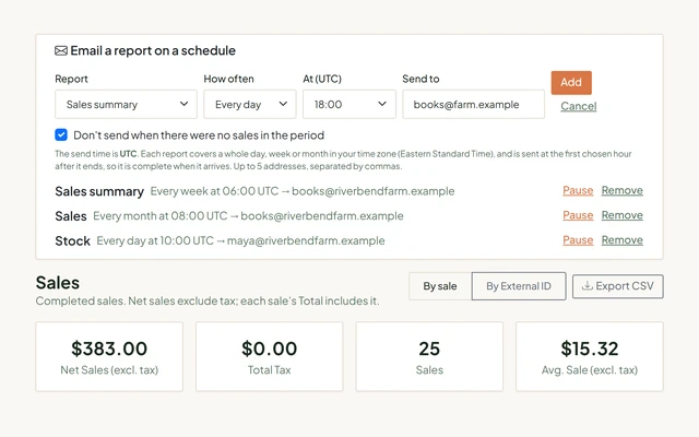 The portal's Email a report on a schedule card: an open form for choosing the report, how often, the hour and who receives it, above three saved schedules and the Sales totals