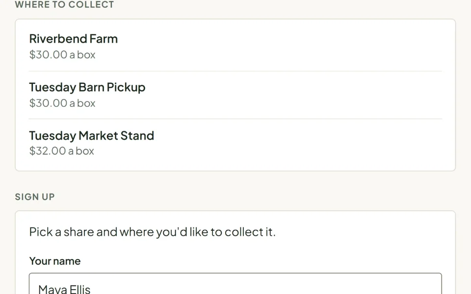 The farm's sign-up page: three pickup sites with the price of a box at each, and the start of the sign-up form