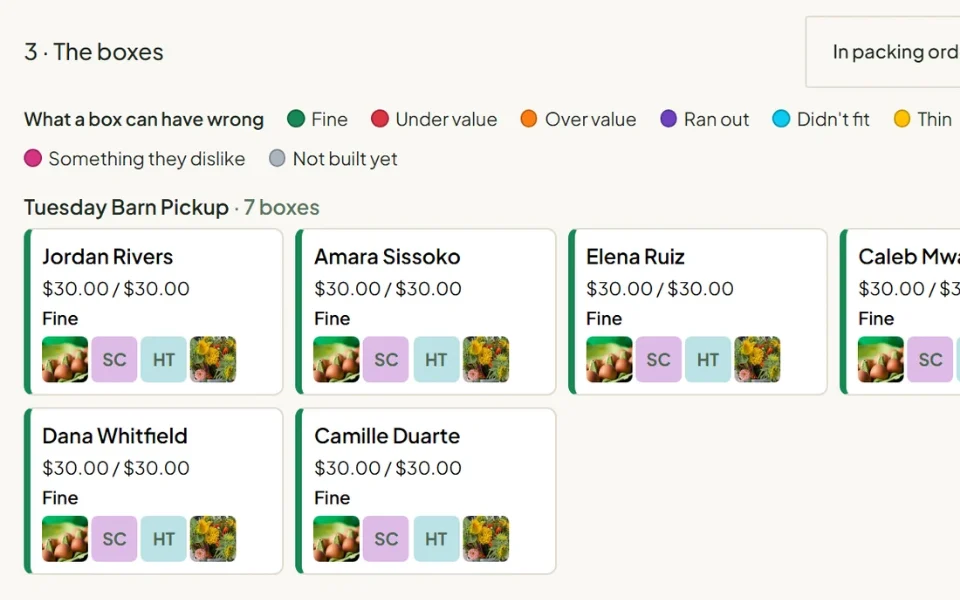 The Build the boxes screen: member boxes at a pickup site, each at its share value
