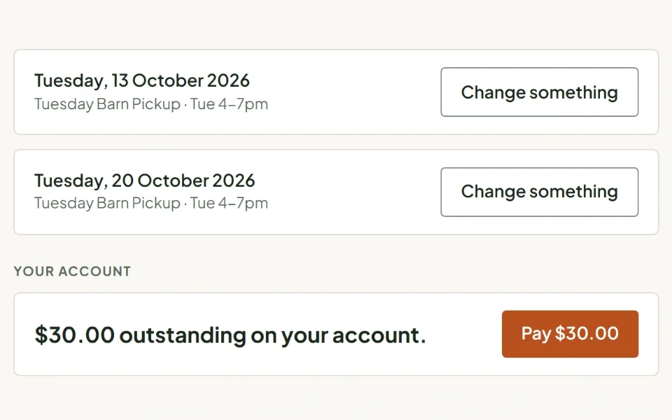 A member's own page: upcoming boxes and what they owe, with a Pay button