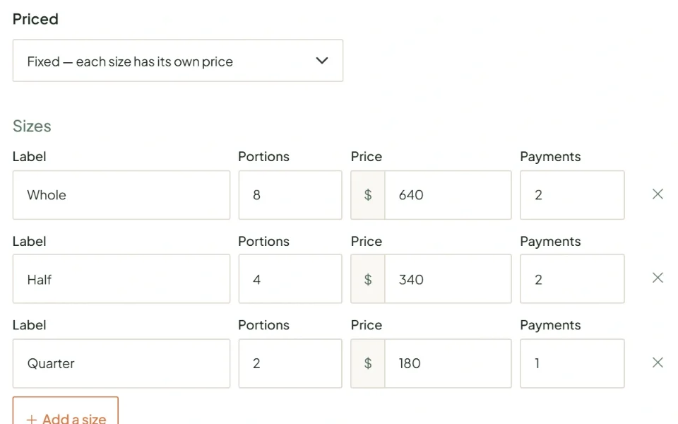 The lot form's Sizes section: whole, half and quarter, each with its portions, its own price and a number of payments