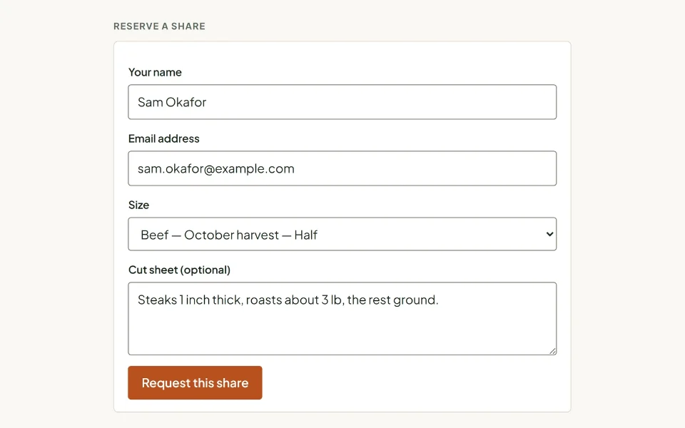 The reserve form on the farm's page: the size chosen, a cut-sheet note and the Request this share button