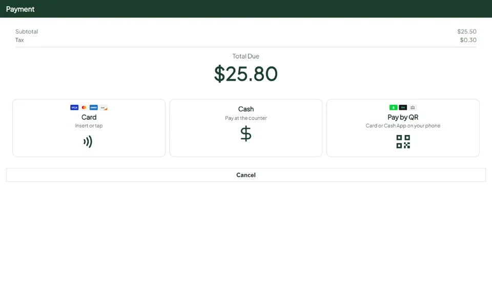 The payment screen: the total due, with Card, Cash and Pay by QR to choose from