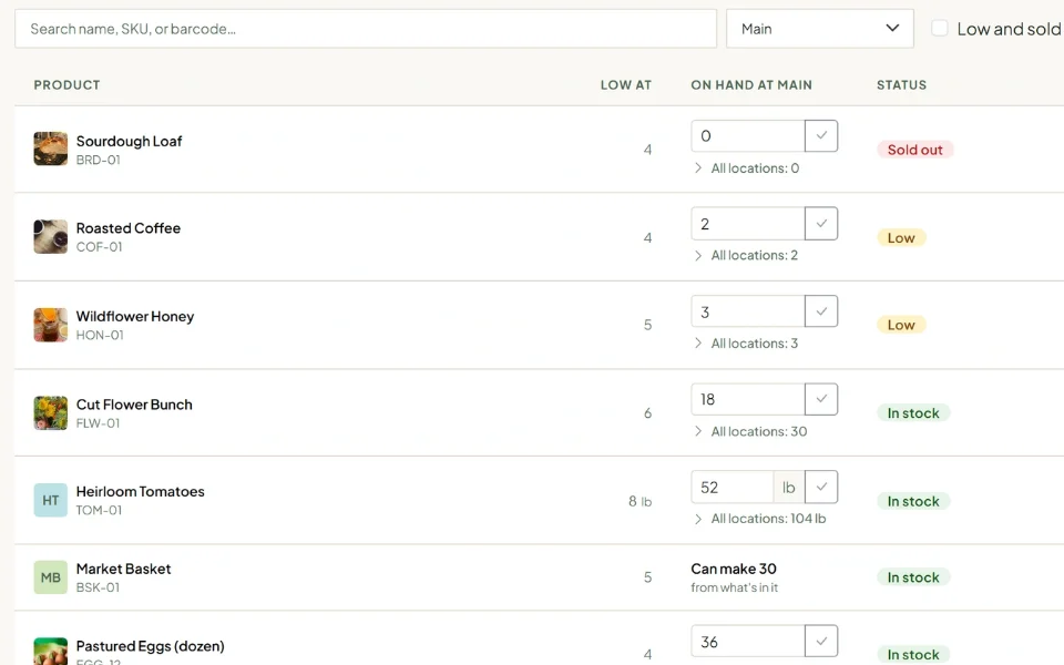 The Stock screen: products with their count on hand and a Sold out, Low or In stock badge