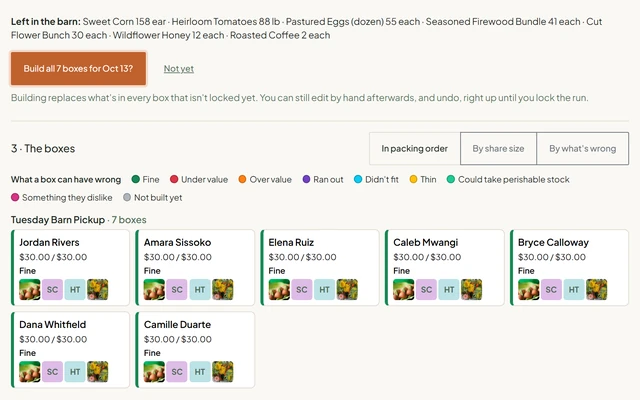 The portal's box builder: what is left in the barn, a button to build all seven boxes, and the seven member boxes for the Tuesday Barn Pickup, each showing its contents and share value