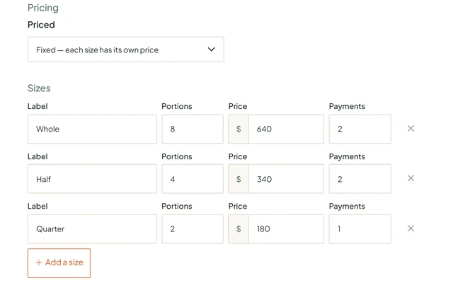 The lot form's Sizes section: whole, half and quarter, each with its portions, its own price and a number of payments