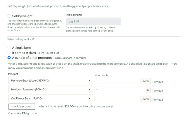 The portal's product form for a bundle: the parts it is made of with their quantities, and a Can make 23 right now count worked out from what is in stock