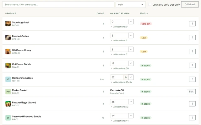 The portal's Stock page: tracked products with Sold out, Low and In stock badges and counts you can type into, and a bundle showing how many it can make