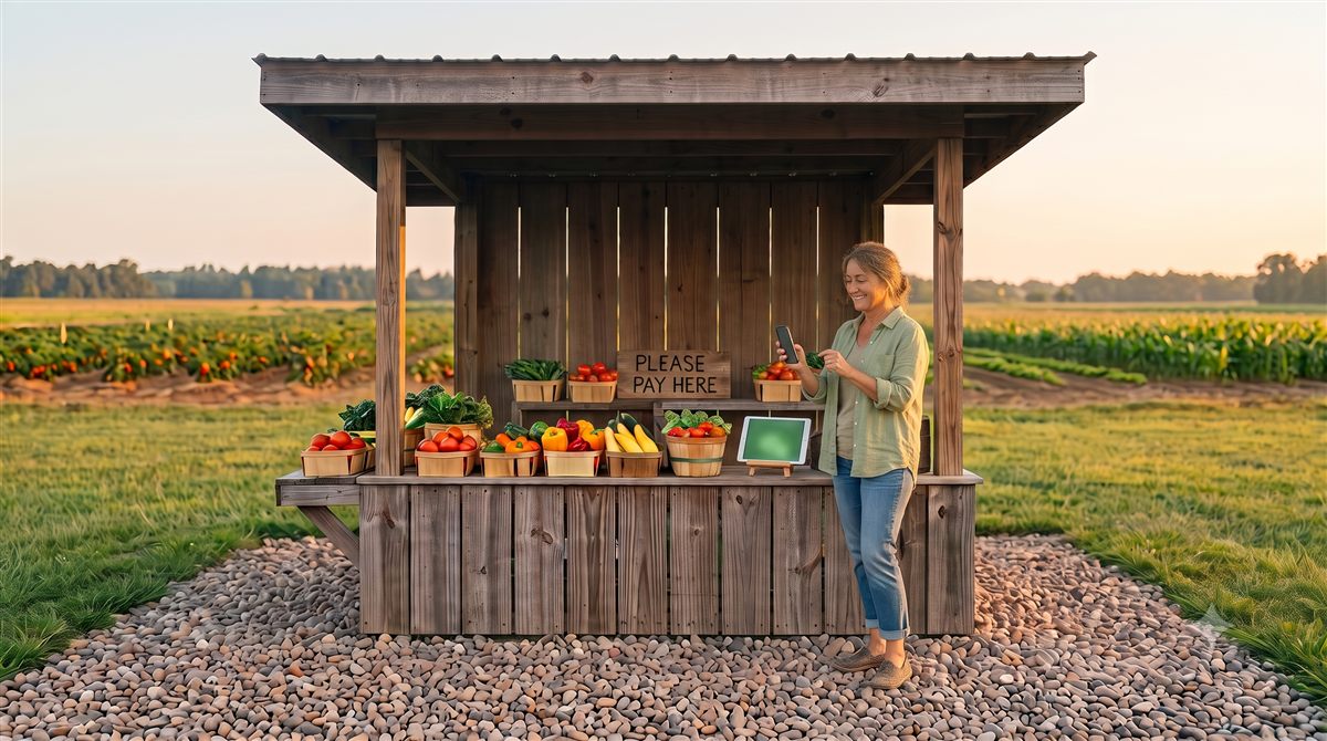 A customer paying by phone at an honor stand