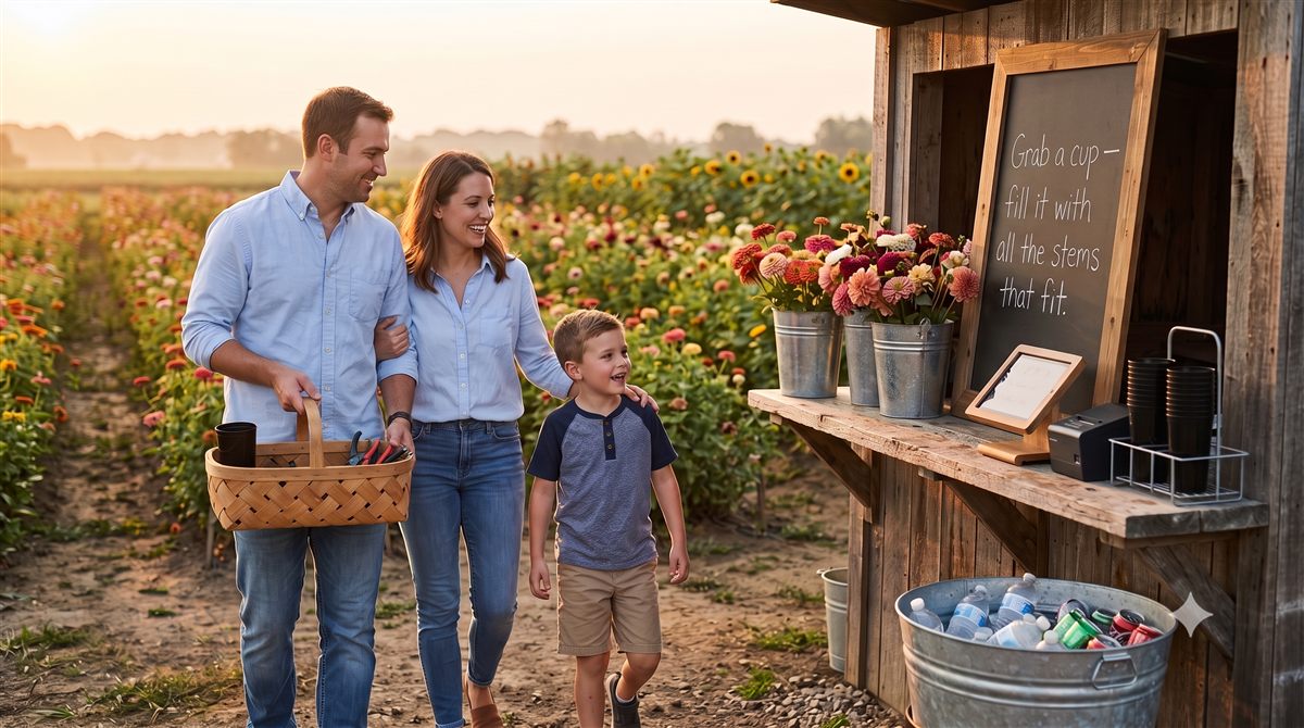A family at a self-serve U-pick flower stand